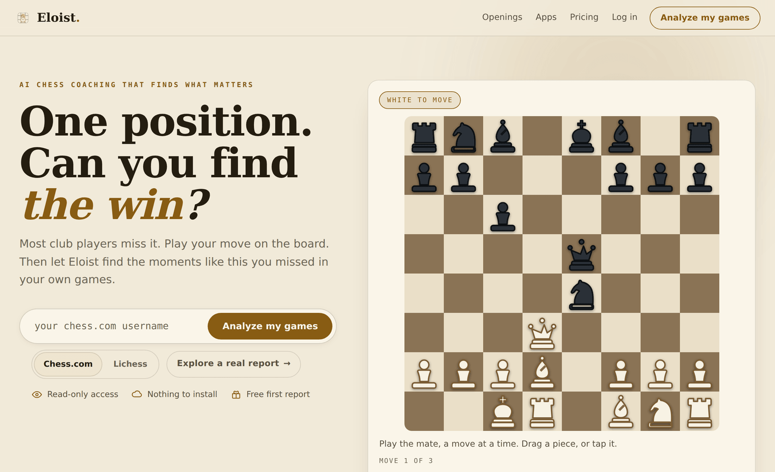 The Eloist home page as it appears to someone arriving from the puzzle ad: the headline “One position. Can you find the win?” on the left with a username field, and the same 1910 position on an interactive board on the right