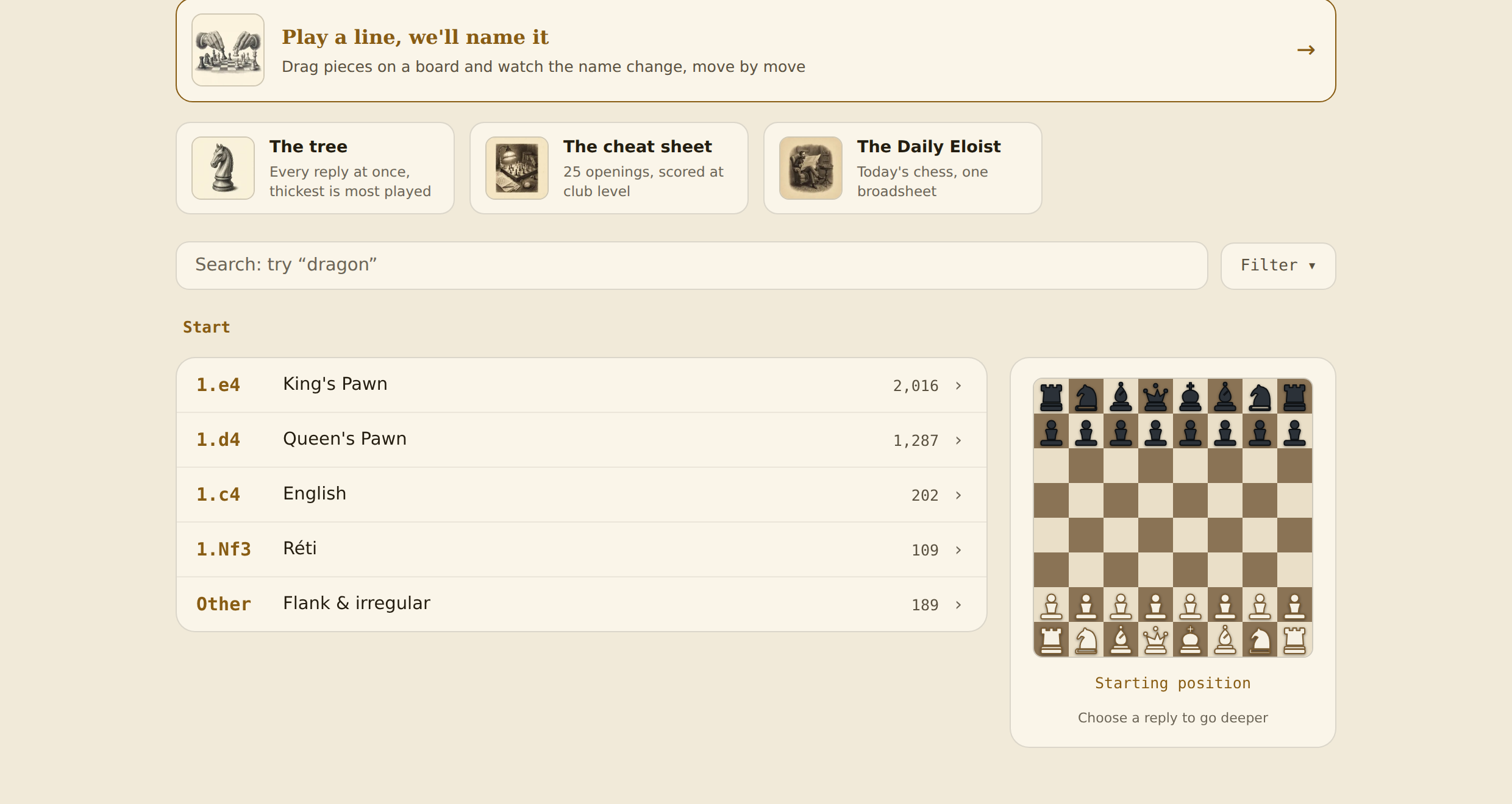 The Eloist opening map on eloist.com, listing first moves by name with the number of openings under each and a board showing the starting position.