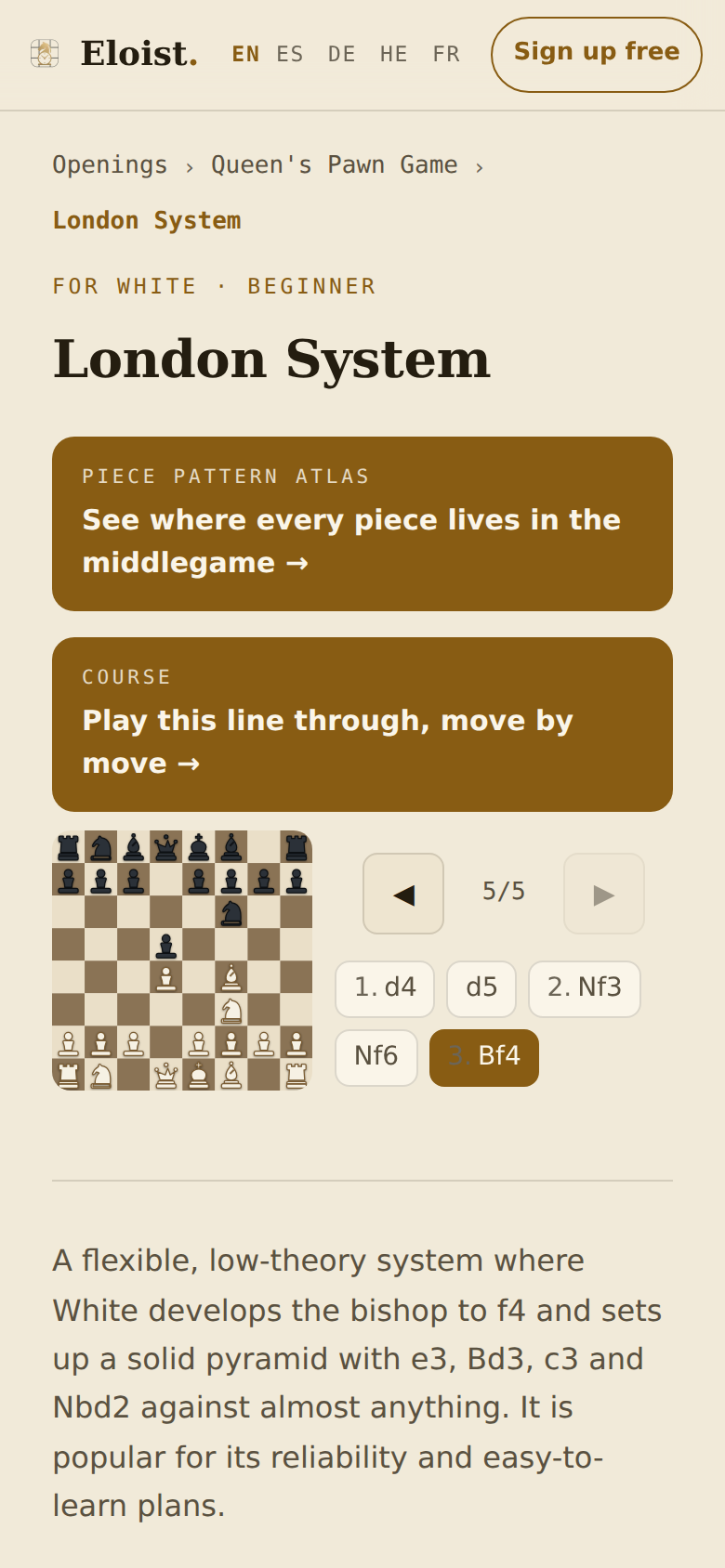 The London System opening page on a phone: the board and move chips sit in the normal page flow instead of floating over the course cards