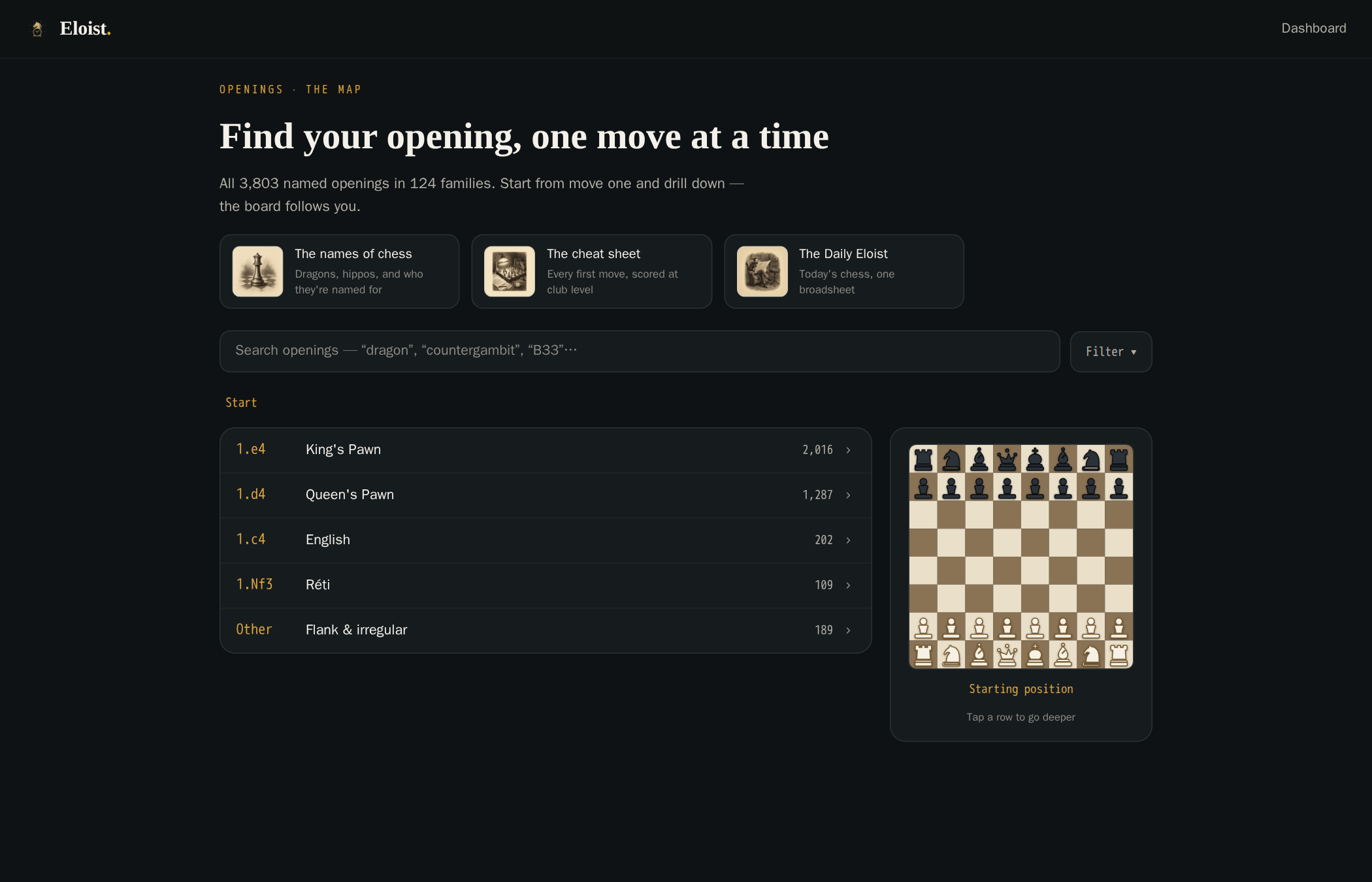The openings database with its live explorer panel